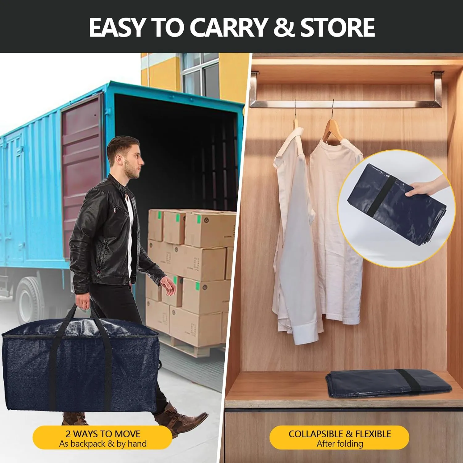 Foldable Moving Bags Extra Large Storage Bags Set Heavy Duty Moving Totes with Strong Handles & Zippers, Waterproof Dual-Way Carrying Design, (Dark Blue, 16 Park-6 Moving bag & 10 Vacuum Seal Bag)