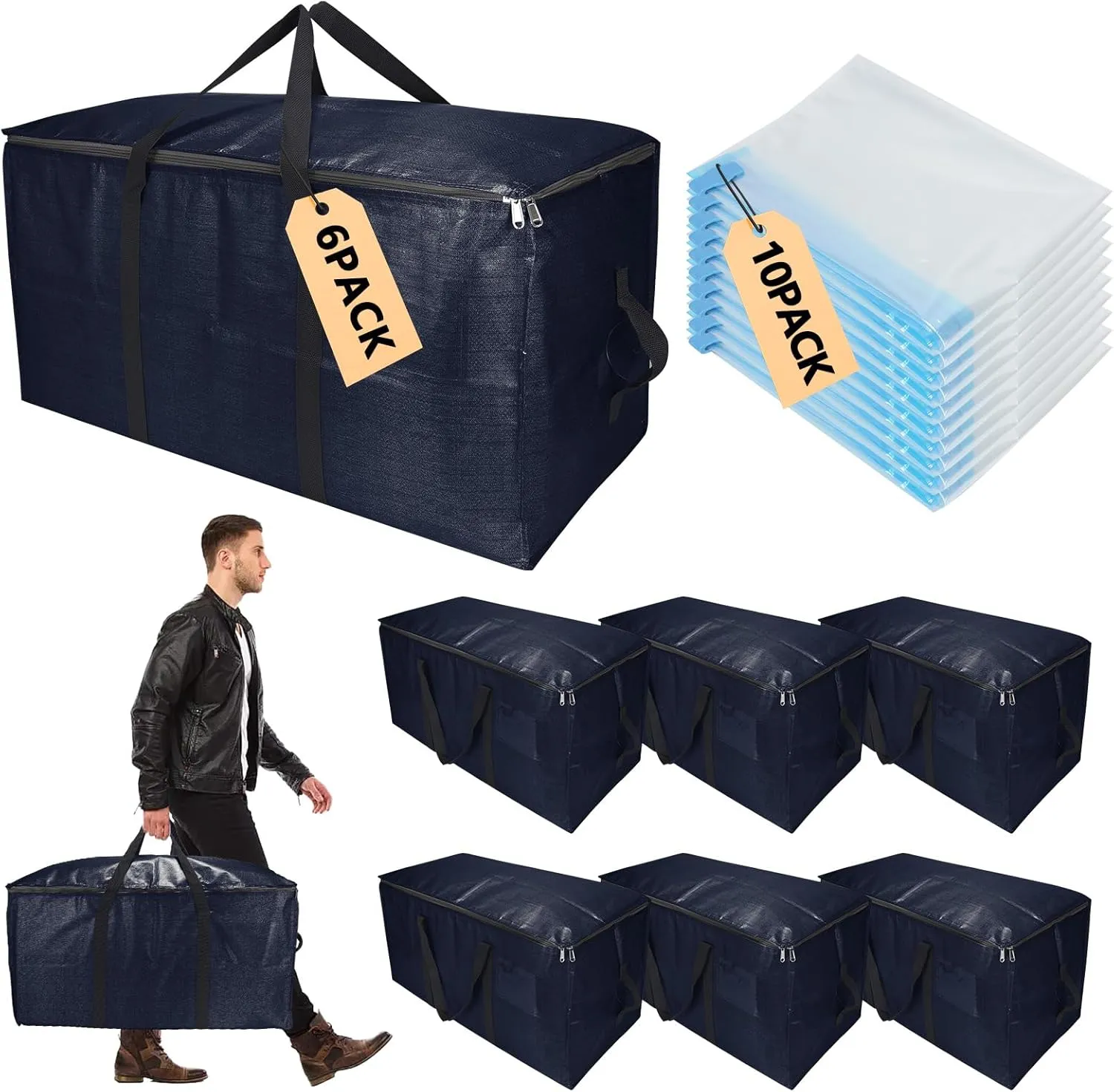 Foldable Moving Bags Extra Large Storage Bags Set Heavy Duty Moving Totes with Strong Handles & Zippers, Waterproof Dual-Way Carrying Design, (Dark Blue, 16 Park-6 Moving bag & 10 Vacuum Seal Bag)