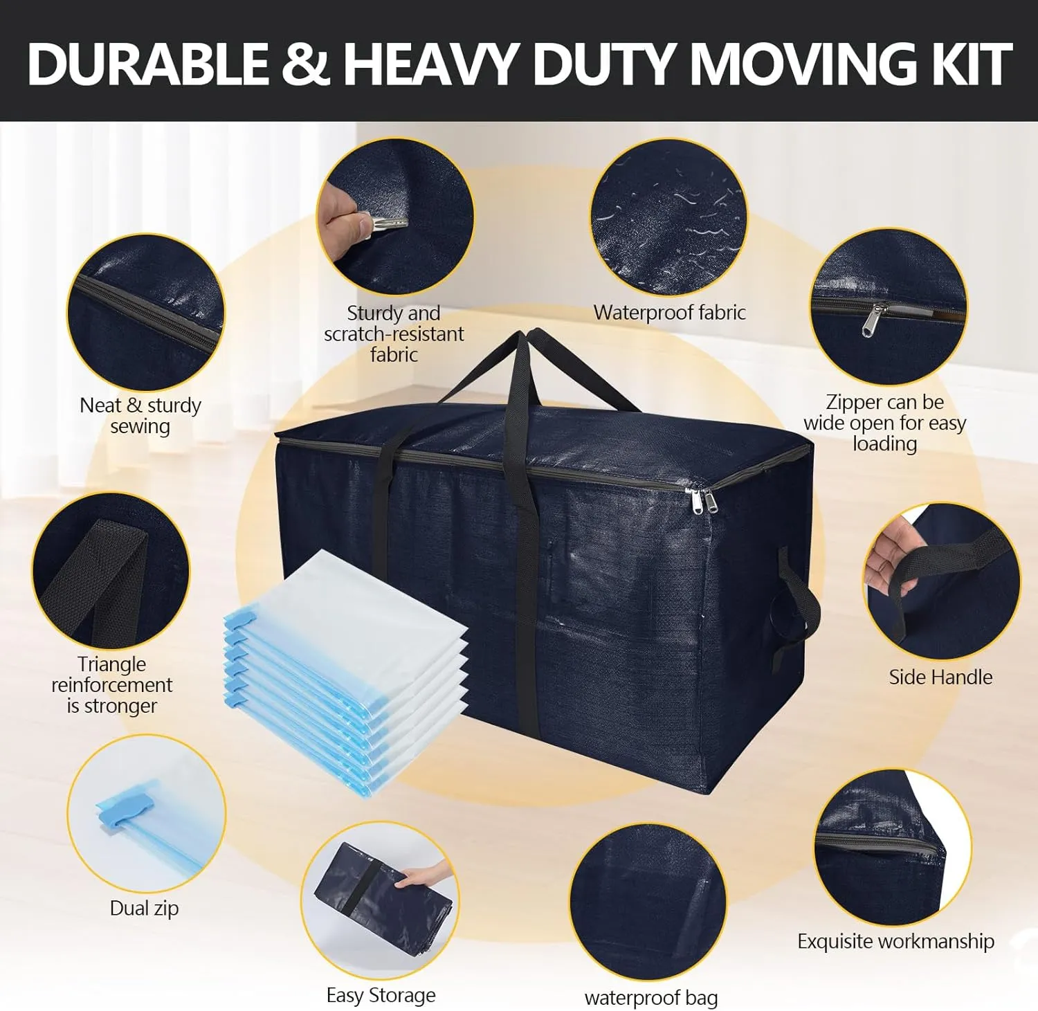 Foldable Moving Bags Extra Large Storage Bags Set Heavy Duty Moving Totes with Strong Handles & Zippers, Waterproof Dual-Way Carrying Design, (Dark Blue, 16 Park-6 Moving bag & 10 Vacuum Seal Bag)