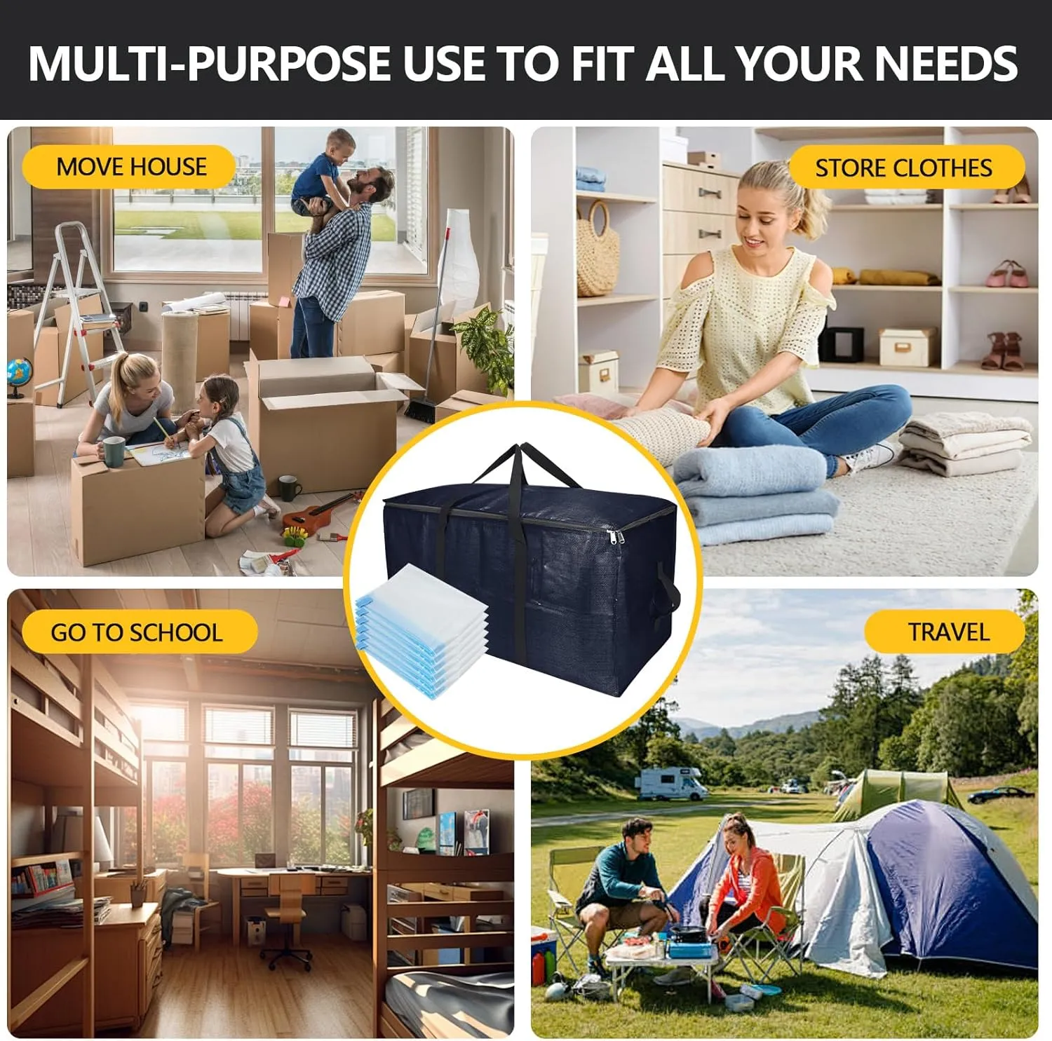 Foldable Moving Bags Extra Large Storage Bags Set Heavy Duty Moving Totes with Strong Handles & Zippers, Waterproof Dual-Way Carrying Design, (Dark Blue, 16 Park-6 Moving bag & 10 Vacuum Seal Bag)