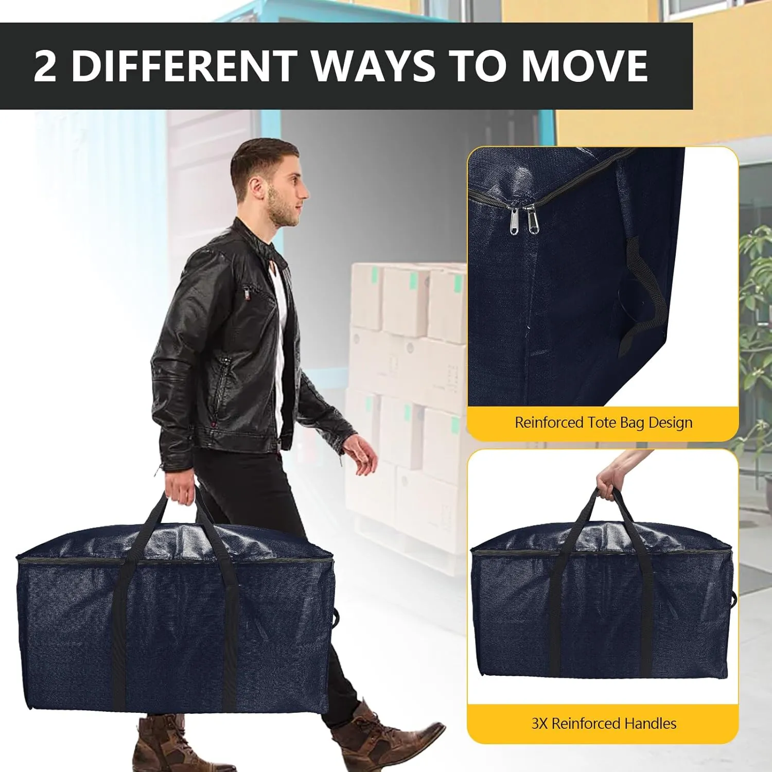 Foldable Moving Bags Extra Large Storage Bags Set Heavy Duty Moving Totes with Strong Handles & Zippers, Waterproof Dual-Way Carrying Design, (Dark Blue, 16 Park-6 Moving bag & 10 Vacuum Seal Bag)