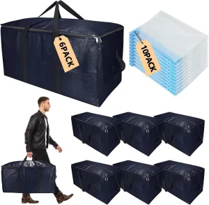Foldable Moving Bags Extra Large Storage Bags Set Heavy Duty Moving Totes with Strong Handles & Zippers, Waterproof Dual-Way Carrying Design, (Dark Blue, 16 Park-6 Moving bag & 10 Vacuum Seal Bag)