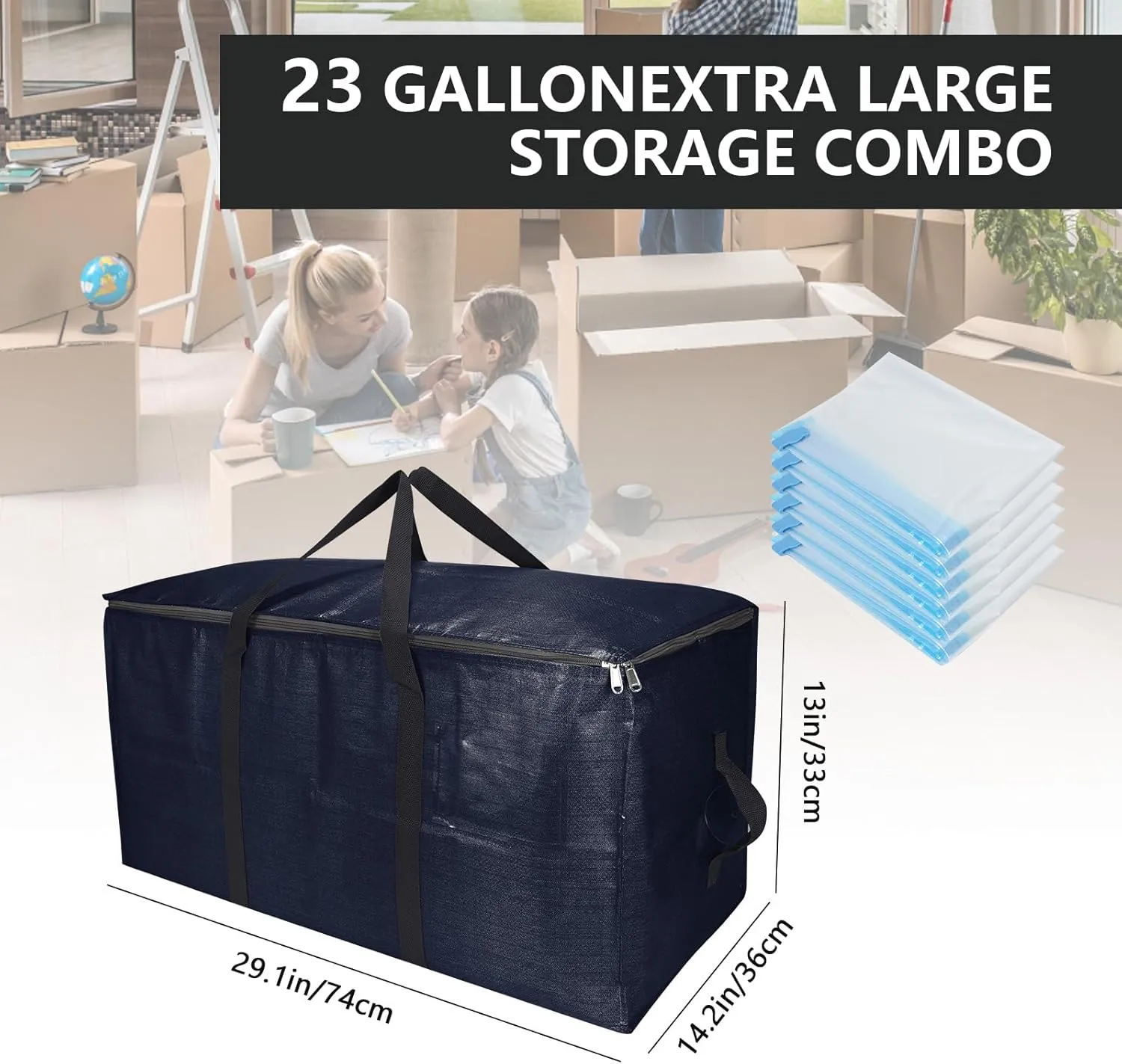 Foldable Moving Bags Extra Large Storage Bags Set Heavy Duty Moving Totes with Strong Handles & Zippers, Waterproof Dual-Way Carrying Design, (Dark Blue, 16 Park-6 Moving bag & 10 Vacuum Seal Bag)
