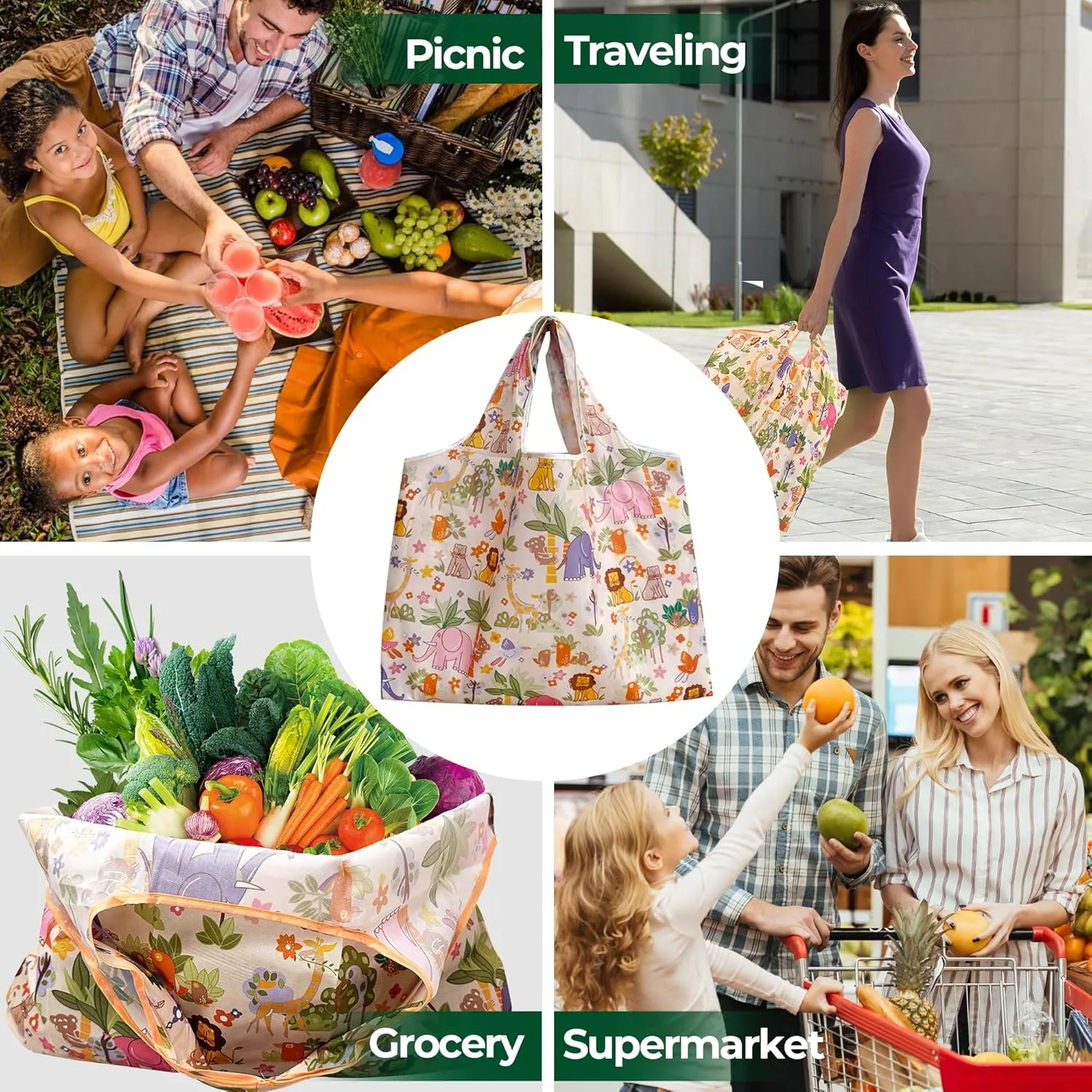 Foldable Reusable Shopping Bags Large Heavy Duty Tote Bags with Handles Machine Washable