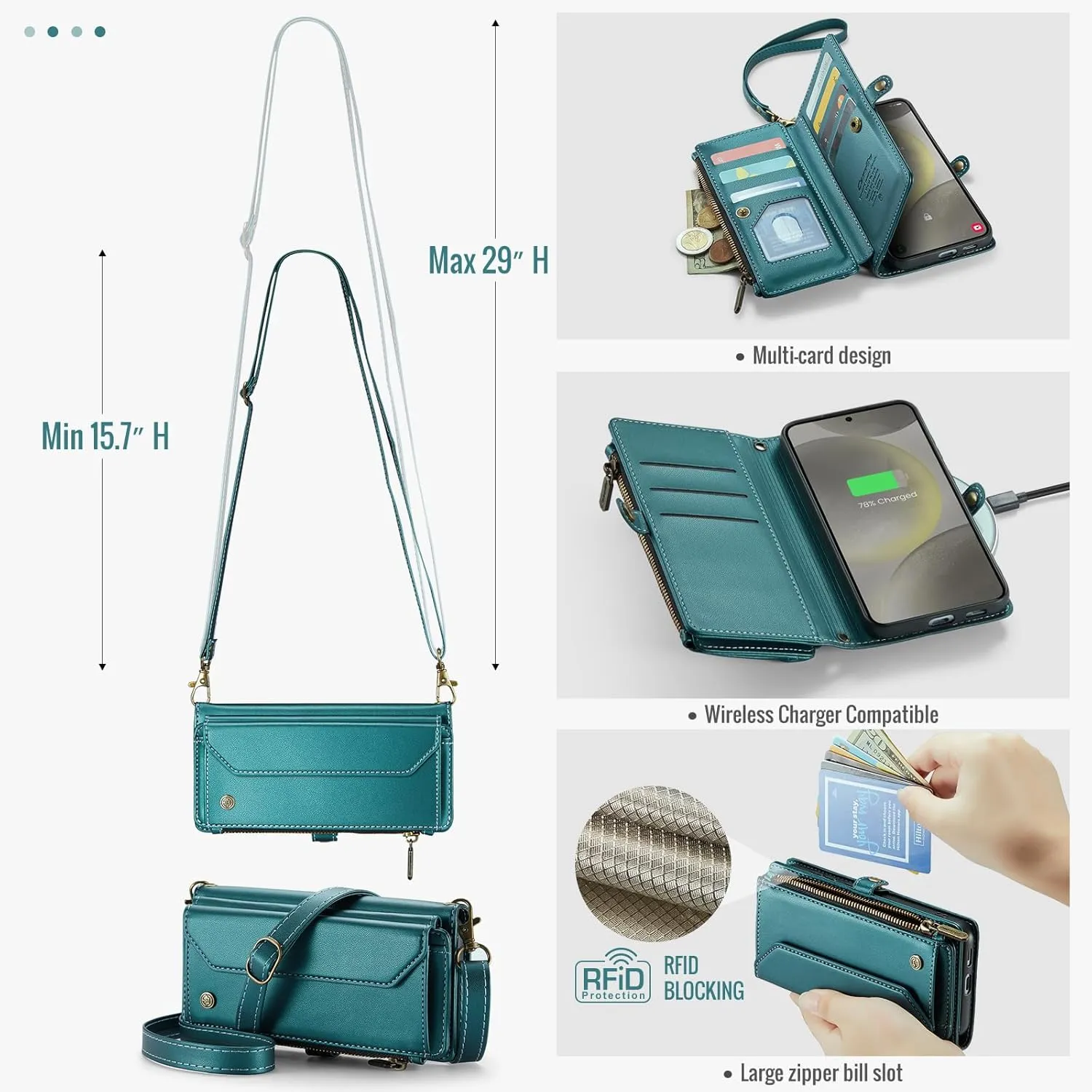for Galaxy-S24-FE Purse Case Envelope Bag Magnetic Flip Leather Shockproof Cover w/Kickstand 10 RFID Blocking Card Holders Cash Slot Zipper Pocket Crossbody Lanyard Wrist Strap (Blue-Green)