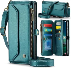 for Galaxy-S24-FE Purse Case Envelope Bag Magnetic Flip Leather Shockproof Cover w/Kickstand 10 RFID Blocking Card Holders Cash Slot Zipper Pocket Crossbody Lanyard Wrist Strap (Blue-Green)