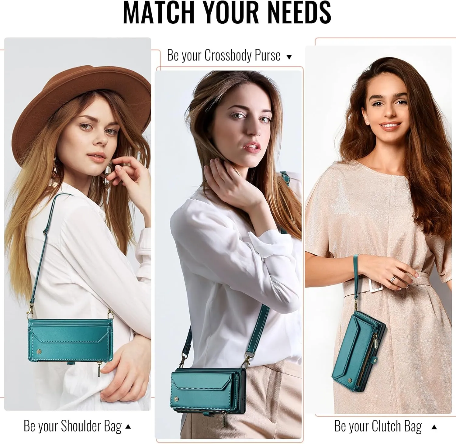 for Galaxy-S24-FE Purse Case Envelope Bag Magnetic Flip Leather Shockproof Cover w/Kickstand 10 RFID Blocking Card Holders Cash Slot Zipper Pocket Crossbody Lanyard Wrist Strap (Blue-Green)