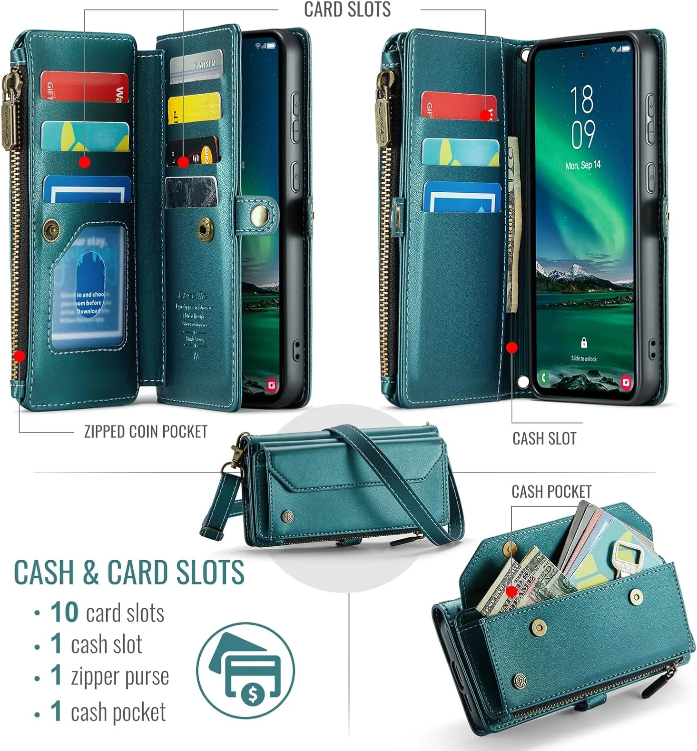 for Galaxy-S24-FE Purse Case Envelope Bag Magnetic Flip Leather Shockproof Cover w/Kickstand 10 RFID Blocking Card Holders Cash Slot Zipper Pocket Crossbody Lanyard Wrist Strap (Blue-Green)