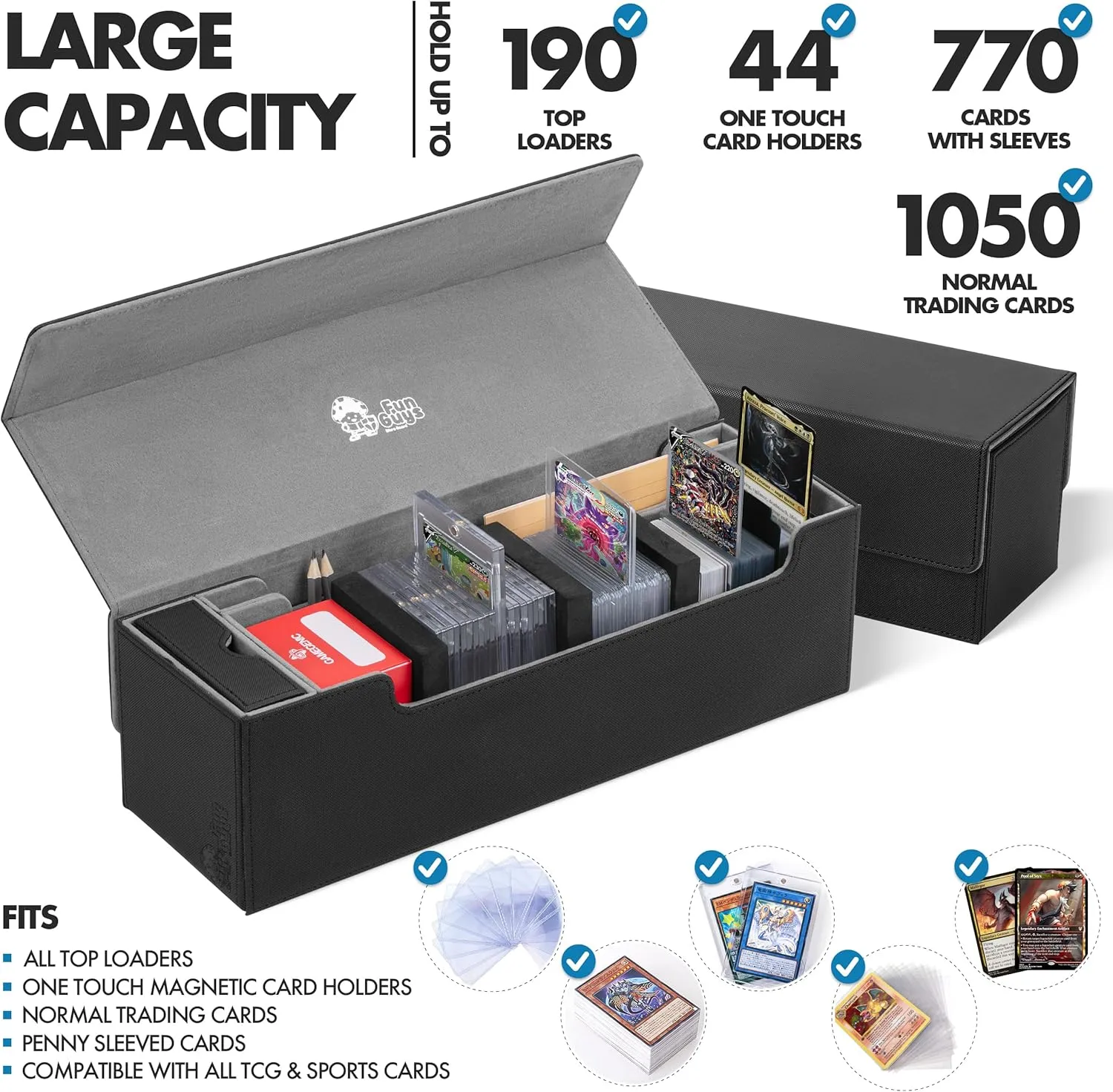 FunGuys Card Deck Box for Trading Card Storage, Toploader Storage Box, MTG Deck Box Commander holds 500  Cards with Dice Tray and Dividers, TCG, Magic the Gathering