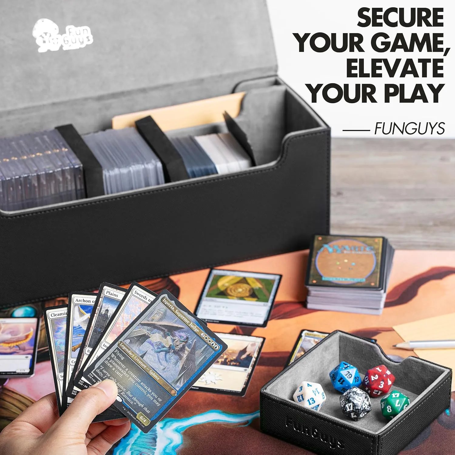 FunGuys Card Deck Box for Trading Card Storage, Toploader Storage Box, MTG Deck Box Commander holds 500  Cards with Dice Tray and Dividers, TCG, Magic the Gathering