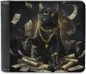 Funny Black Lucky Cat Money Dollar PU Leather Wallet Bifold Wallet Slim Mini Pocket Purse Card Slots Holder for Unisex