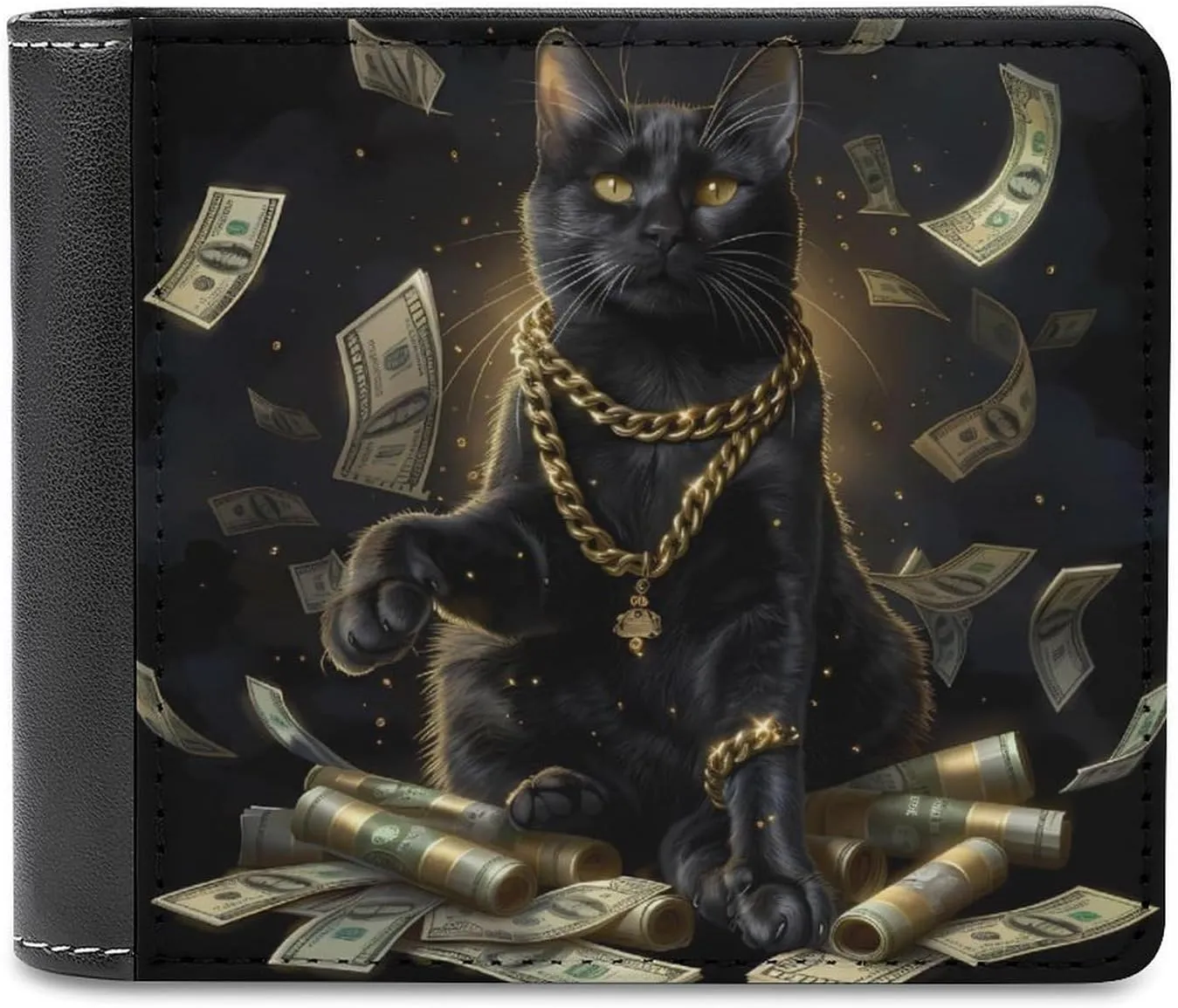 Funny Black Lucky Cat Money Dollar PU Leather Wallet Bifold Wallet Slim Mini Pocket Purse Card Slots Holder for Unisex