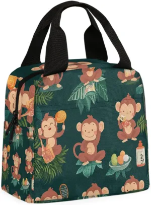 Funny Monkey Insulated Lunch Bag Fern Leaves Reusable Lunch Box Leakproof Thermal Cooler Lunch Tote Bags for Kids Girls Boys School Work Travel Picnic
