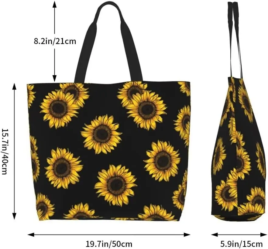 Funny Sunflower Theme Grocery Large Tote Bag for Women, Yellow Floral Print Shoulder Reusable Beach Shopping Handbags Casual Travel Polyester Sunflower Gifts for Teacher Mother