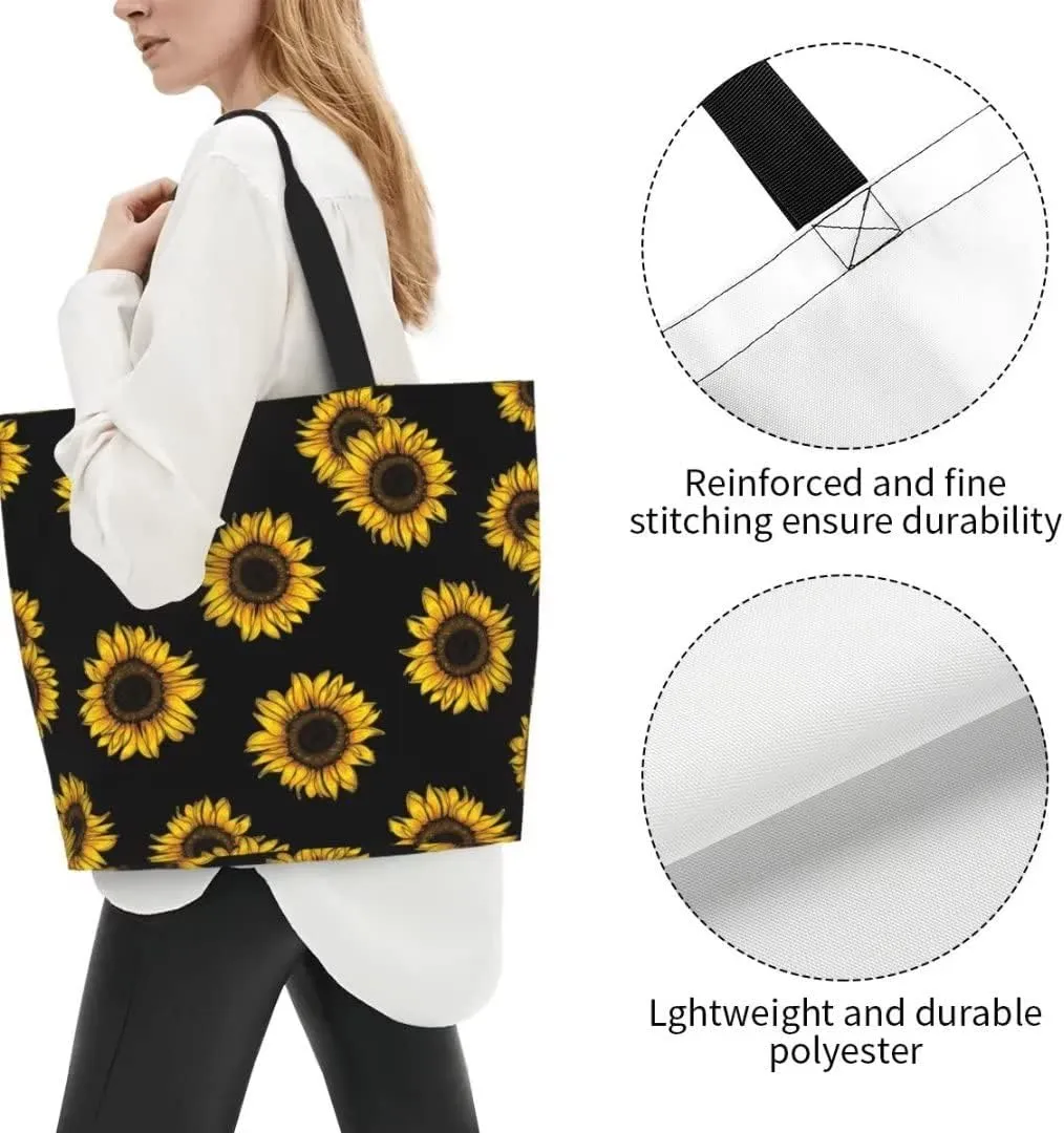 Funny Sunflower Theme Grocery Large Tote Bag for Women, Yellow Floral Print Shoulder Reusable Beach Shopping Handbags Casual Travel Polyester Sunflower Gifts for Teacher Mother