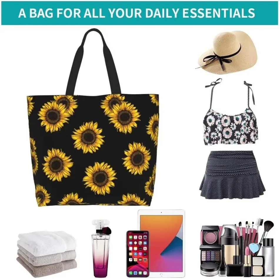 Funny Sunflower Theme Grocery Large Tote Bag for Women, Yellow Floral Print Shoulder Reusable Beach Shopping Handbags Casual Travel Polyester Sunflower Gifts for Teacher Mother
