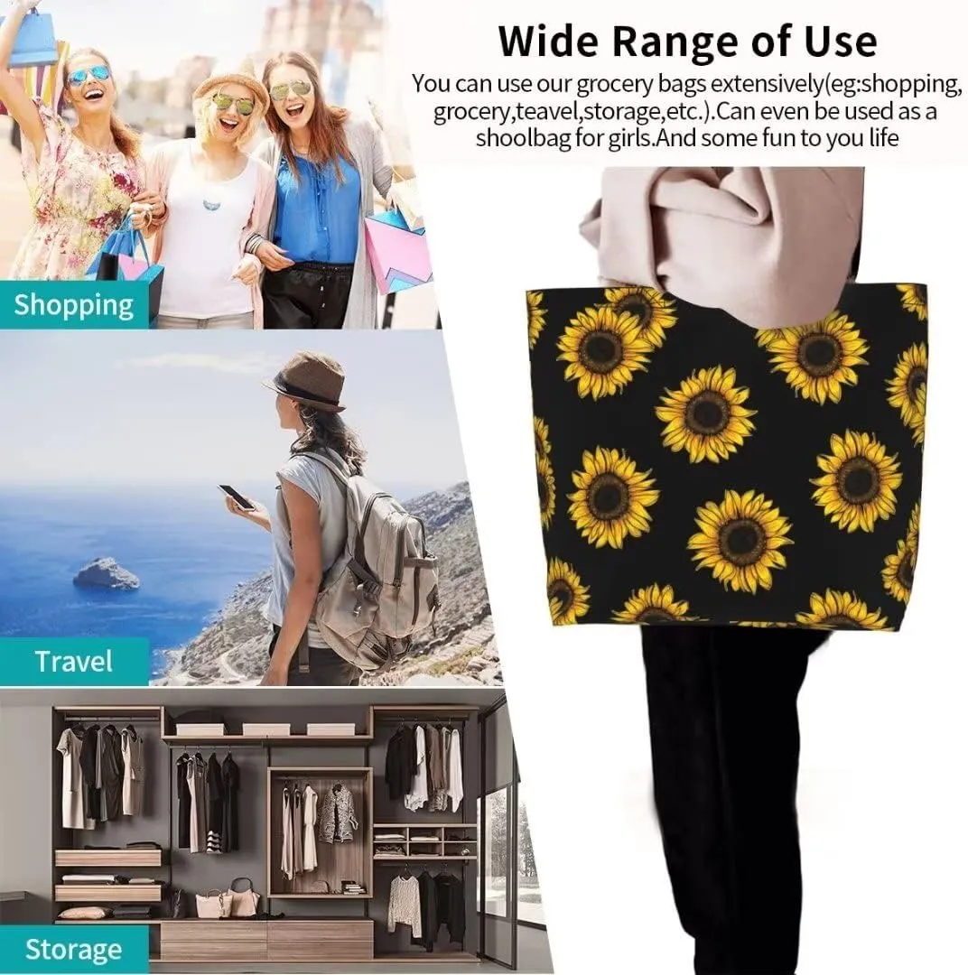 Funny Sunflower Theme Grocery Large Tote Bag for Women, Yellow Floral Print Shoulder Reusable Beach Shopping Handbags Casual Travel Polyester Sunflower Gifts for Teacher Mother