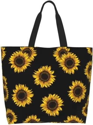 Funny Sunflower Theme Grocery Large Tote Bag for Women, Yellow Floral Print Shoulder Reusable Beach Shopping Handbags Casual Travel Polyester Sunflower Gifts for Teacher Mother