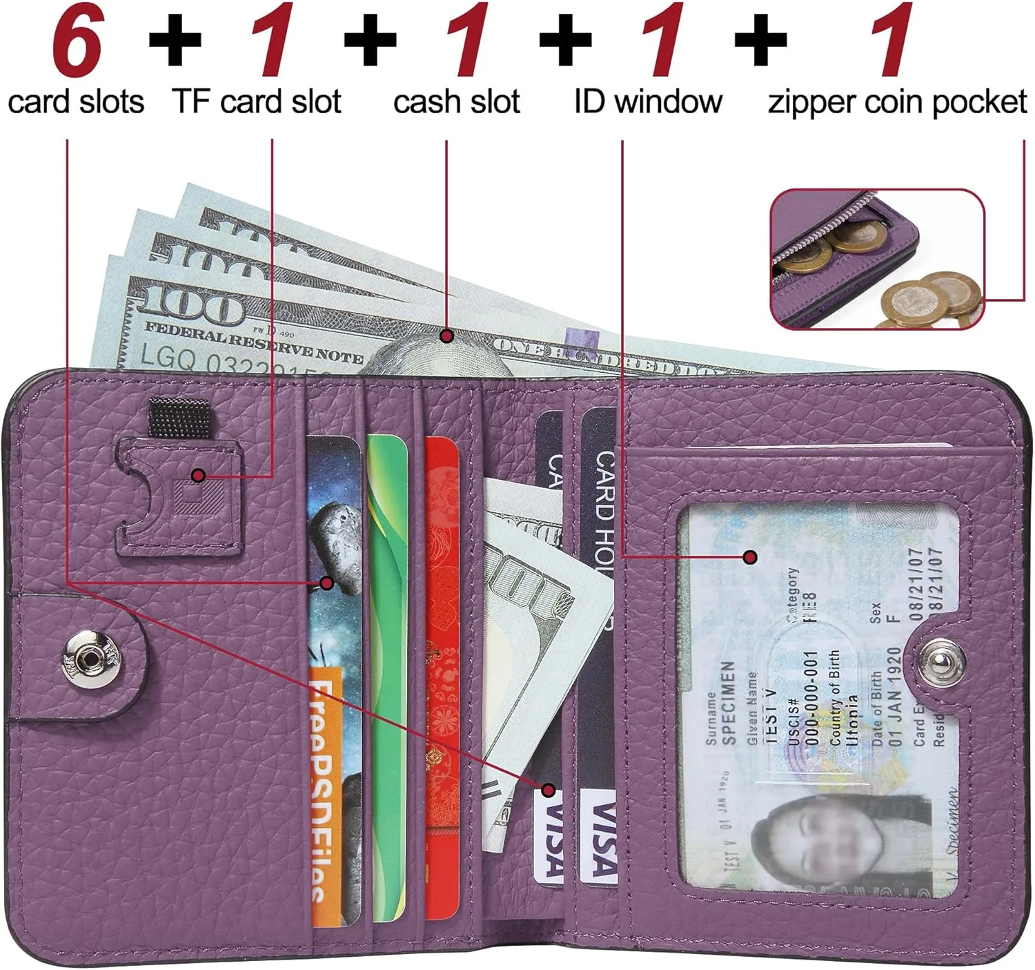 GADIEMKENSD Womens Bifold Purse Credit Card Holders RFID Blocking Mens Leather Wallet for Travel Bus Card Coin Pocket Cute Small Ladies Purses with Zip ID Window Card Cash Slots Purple