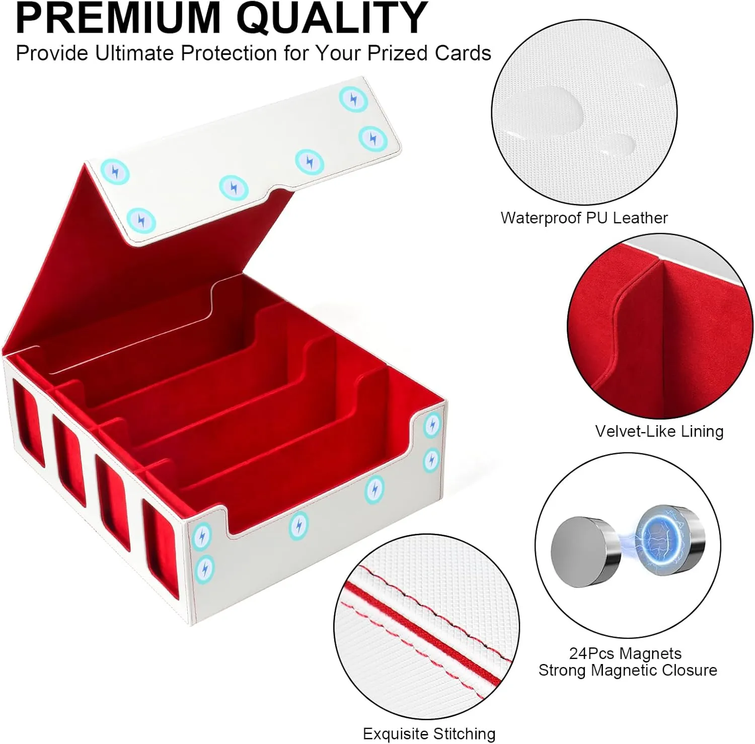GEAoffice Trading Card Storage Box with Commander Display, 3200  Card Deck Case with Magnetic Removable Lid, 4-Row Deck Box for MTG/TCG/Sports/Games, 10 Stoppers, 24 Dividers, 1 Dice Tray, White Red