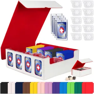 GEAoffice Trading Card Storage Box with Commander Display, 3200  Card Deck Case with Magnetic Removable Lid, 4-Row Deck Box for MTG/TCG/Sports/Games, 10 Stoppers, 24 Dividers, 1 Dice Tray, White Red