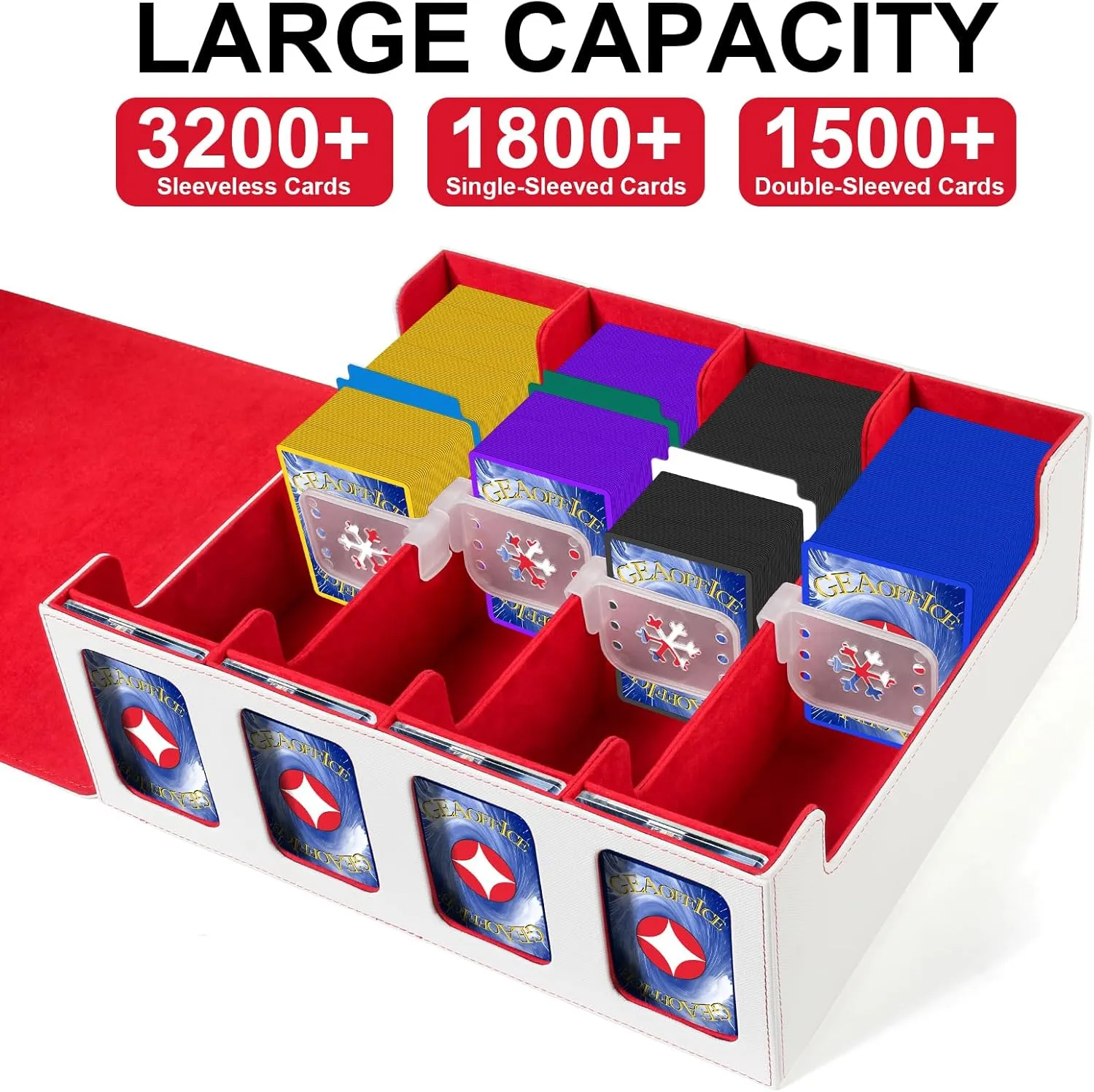 GEAoffice Trading Card Storage Box with Commander Display, 3200  Card Deck Case with Magnetic Removable Lid, 4-Row Deck Box for MTG/TCG/Sports/Games, 10 Stoppers, 24 Dividers, 1 Dice Tray, White Red