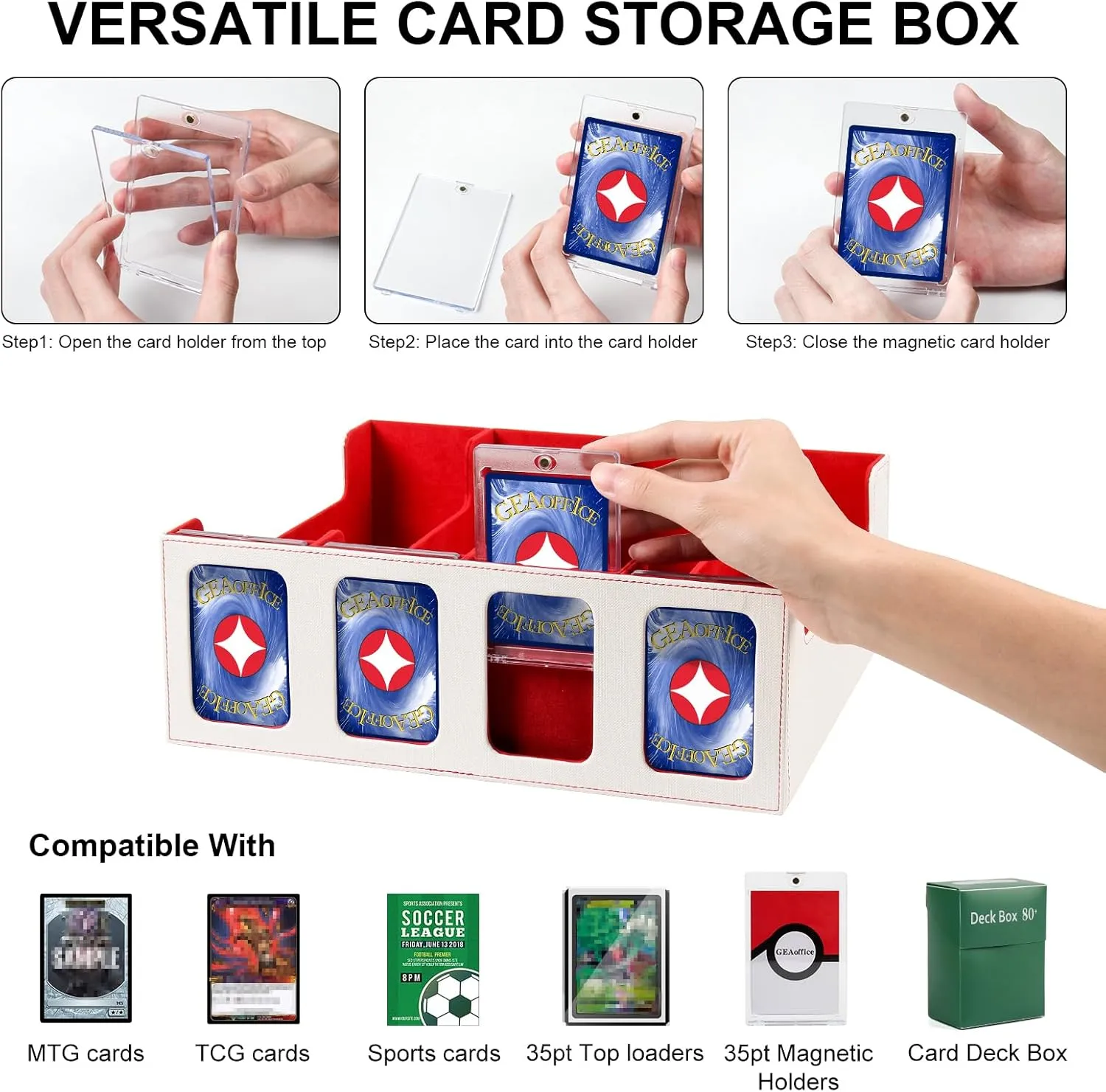 GEAoffice Trading Card Storage Box with Commander Display, 3200  Card Deck Case with Magnetic Removable Lid, 4-Row Deck Box for MTG/TCG/Sports/Games, 10 Stoppers, 24 Dividers, 1 Dice Tray, White Red