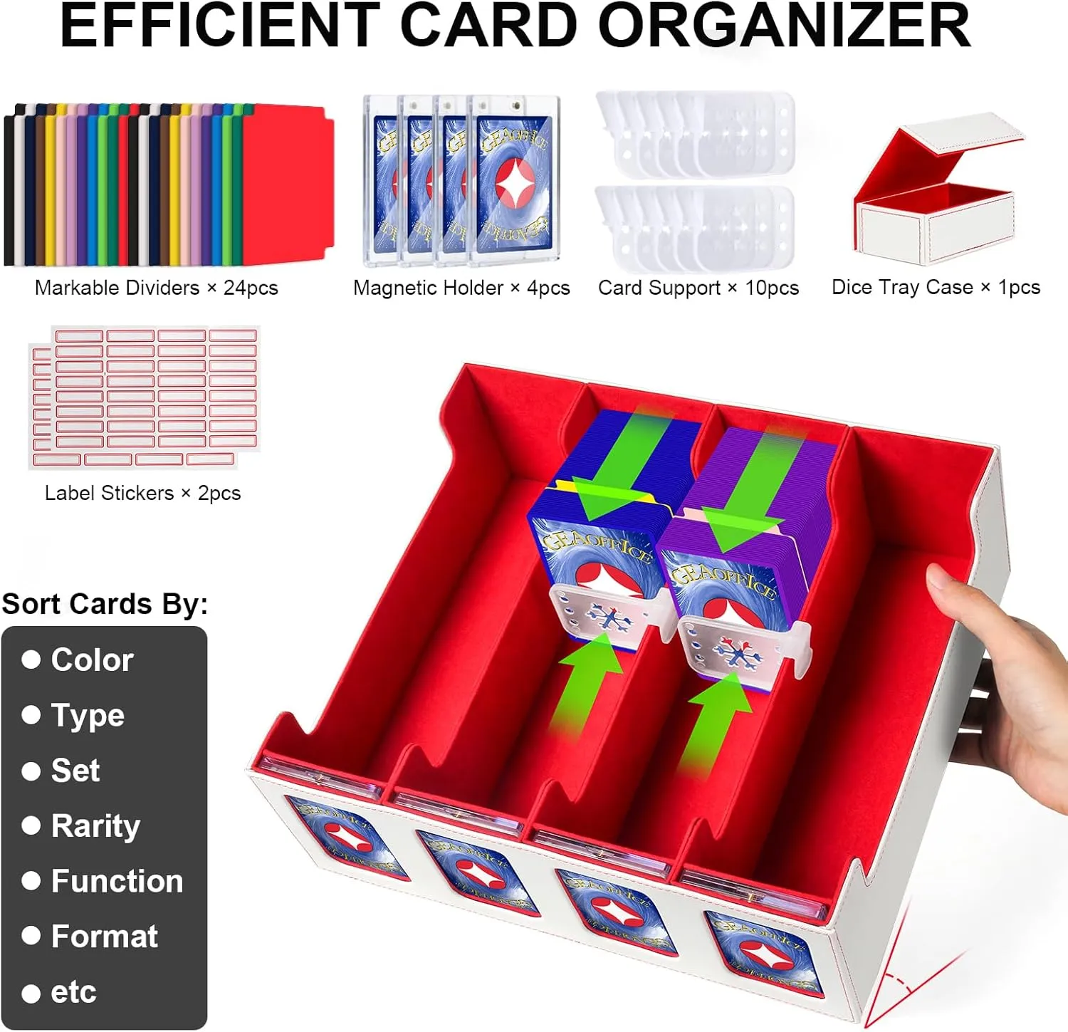 GEAoffice Trading Card Storage Box with Commander Display, 3200  Card Deck Case with Magnetic Removable Lid, 4-Row Deck Box for MTG/TCG/Sports/Games, 10 Stoppers, 24 Dividers, 1 Dice Tray, White Red