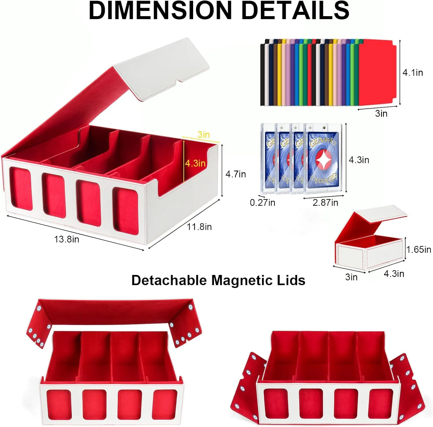 GEAoffice Trading Card Storage Box with Commander Display, 3200  Card Deck Case with Magnetic Removable Lid, 4-Row Deck Box for MTG/TCG/Sports/Games, 10 Stoppers, 24 Dividers, 1 Dice Tray, White Red