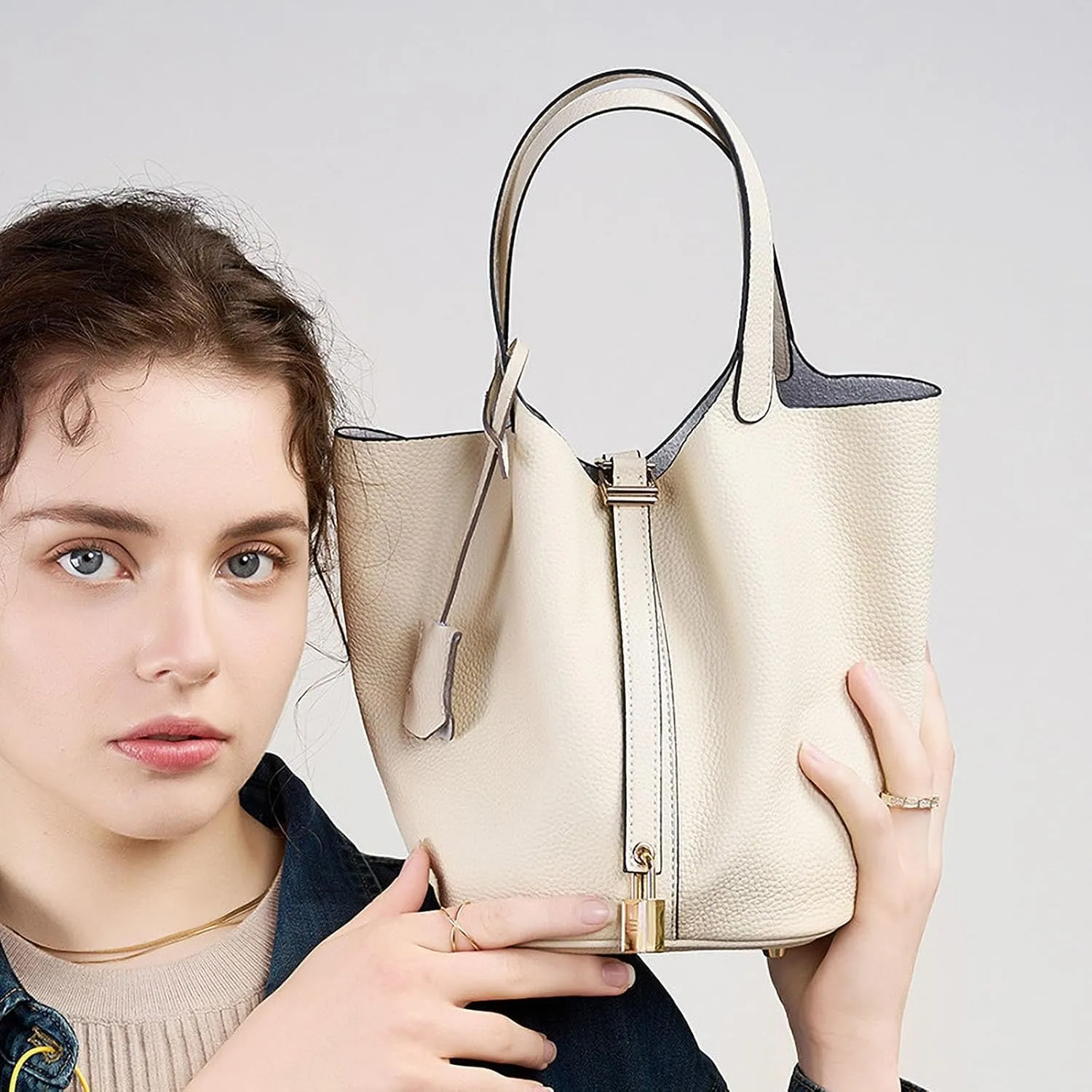 Genuine Leather Bucket Bags For Women Wallet Satchels Handbag With Lock Design Daily Casual Soft Shoulder Bag