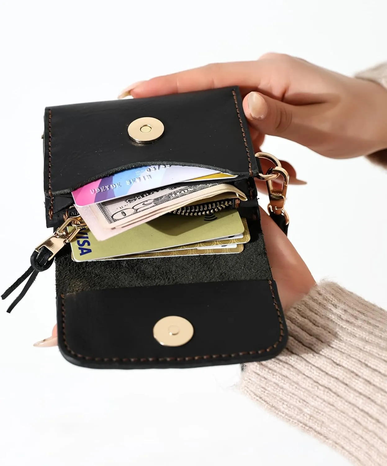 Genuine Leather Handmade Wallet for Women Cute Handstitched Zipper Coin Purse Money Credit Card Holder Wristlet Mini Pouch