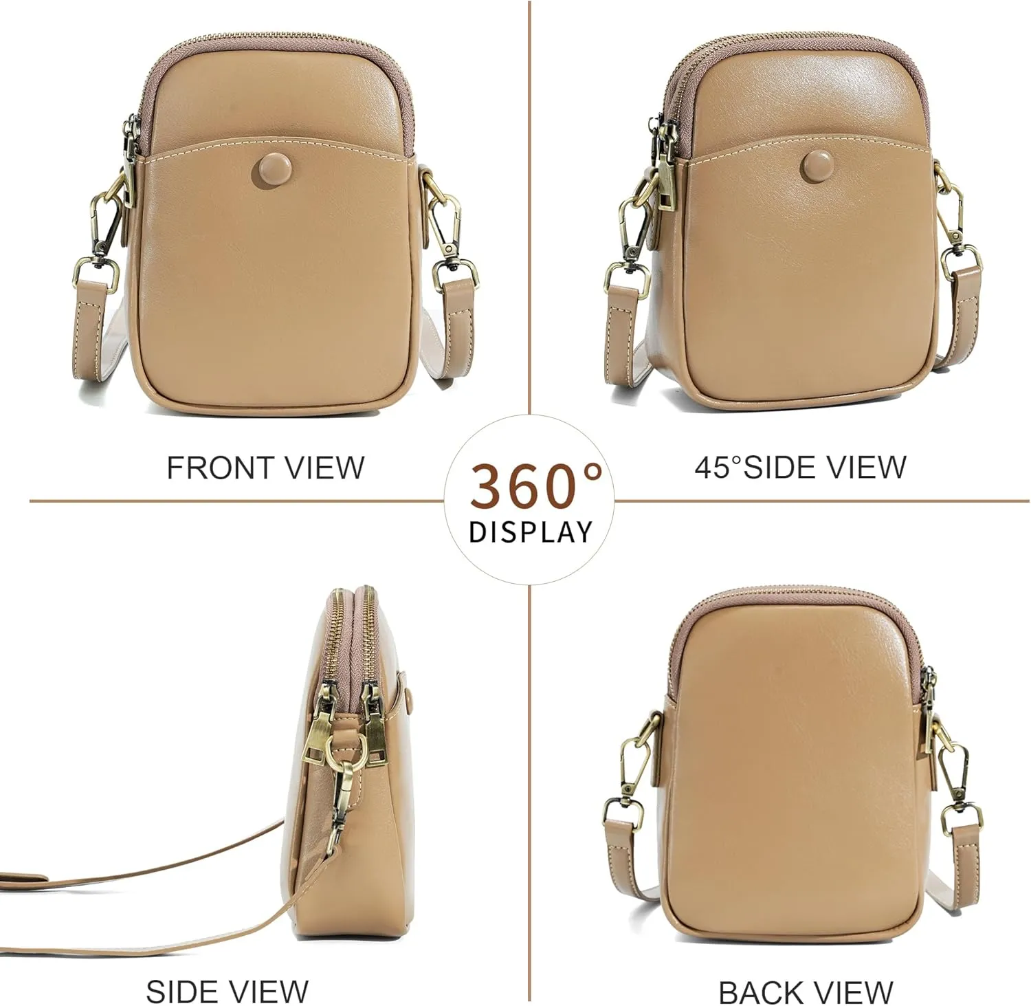 Genuine Leather Women's Crossbody Bag, Multi-Compartment Mobile Phone Wallet with Adjustable Shoulder Strap