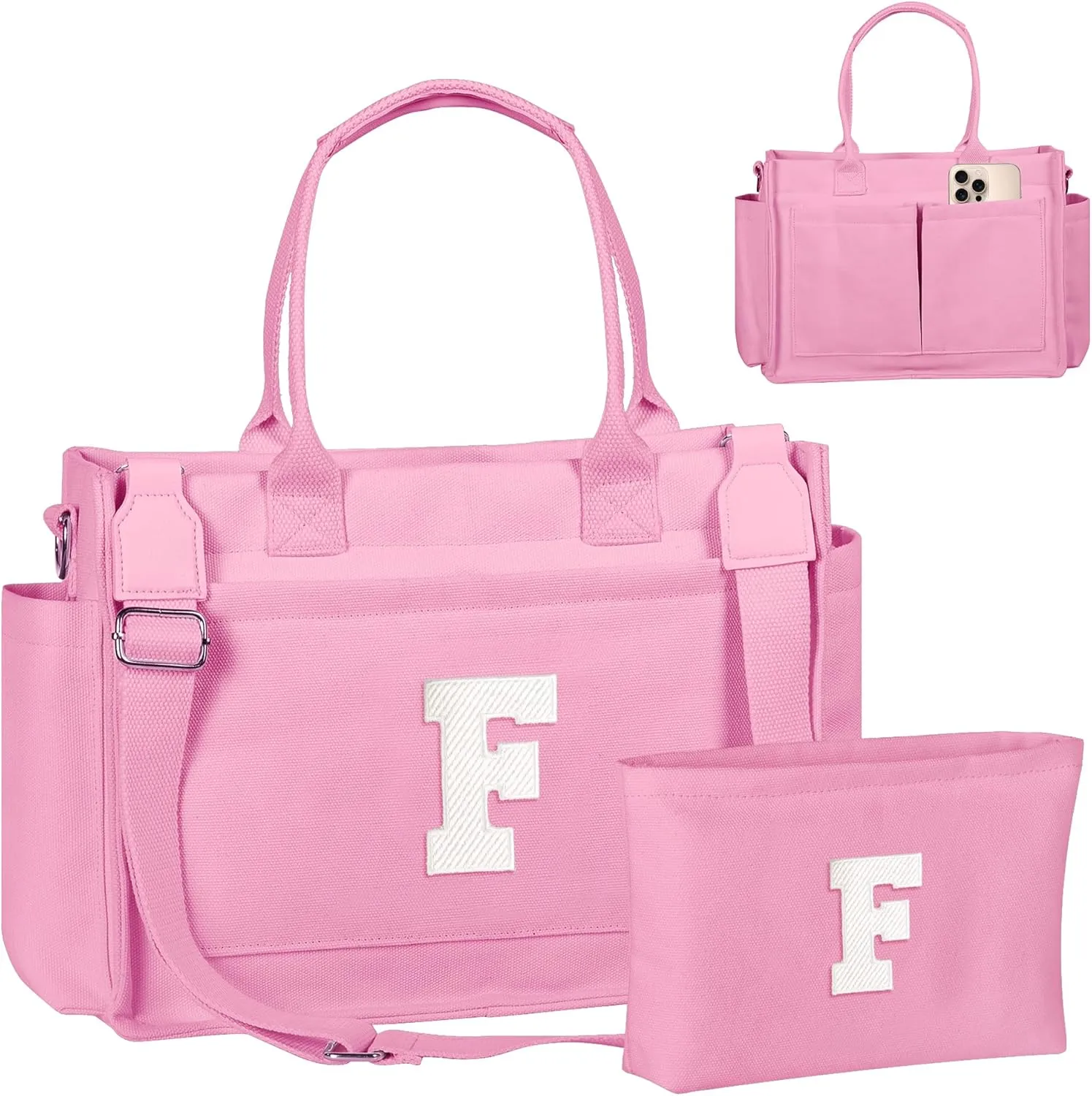 Gifts for Teen Girls Women, Initial Canvas Tote Bag with Zipper for College, Work, Teen Girl Gifts Trendy Stuff