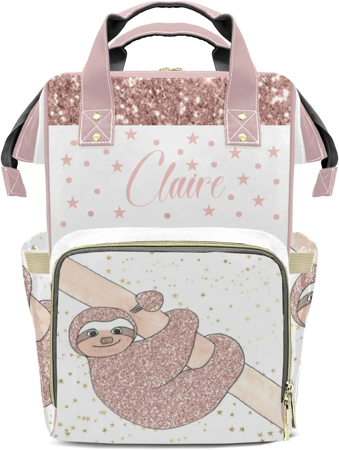 Gold Sloth Personalized Diaper Bag Backpack Name Custom Mommy Nappy Baby Bag Daypack for Mom Dad Gifts