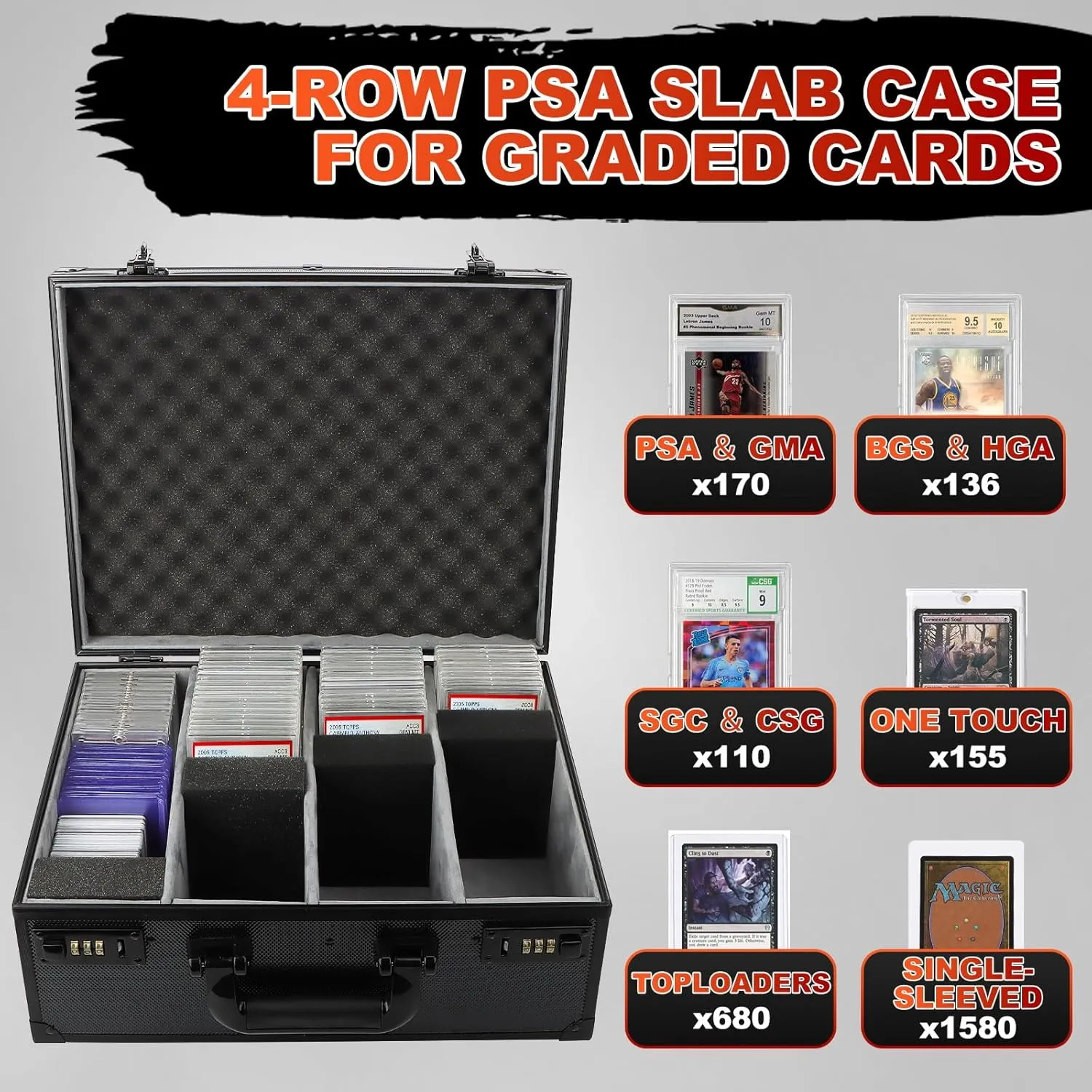 Graded Card Storage Box, Holds 170  PSA/GMA Slabs or 680  Toploaders, 4-Row Trading Card Storage Boxes for Sports Cards Fits 3"x4" 35pt Cards (Pure Black)