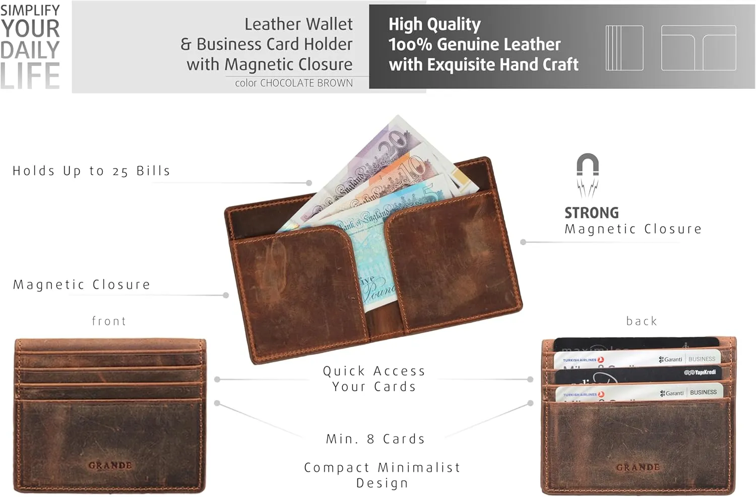 grande 762 Genuine Leather Card Holder For Men Slim Minimalist Card Case Small Magnetic Wallet - Chocolate Brown