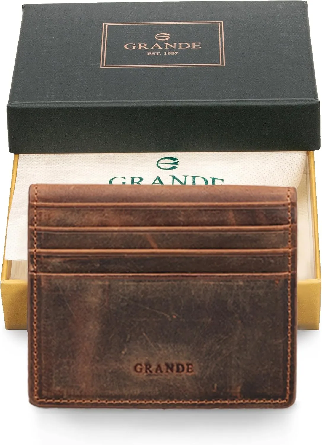 grande 762 Genuine Leather Card Holder For Men Slim Minimalist Card Case Small Magnetic Wallet - Chocolate Brown