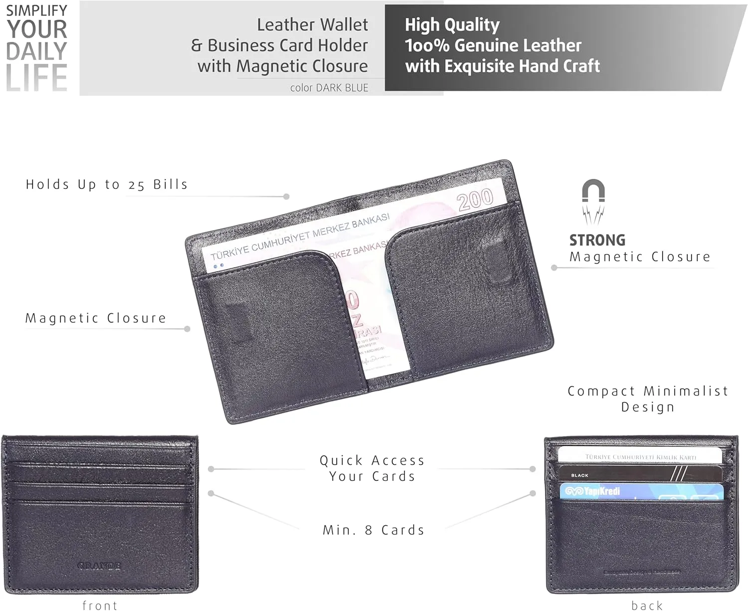 grande 762 Genuine Leather Card Holder For Men Slim Minimalist Card Case Small Magnetic Wallet - Dark Blue