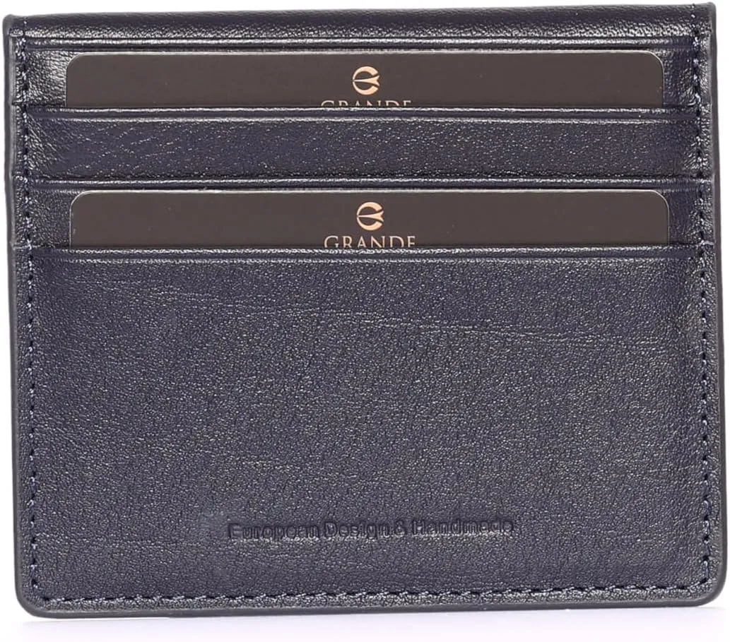 grande 762 Genuine Leather Card Holder For Men Slim Minimalist Card Case Small Magnetic Wallet - Dark Blue