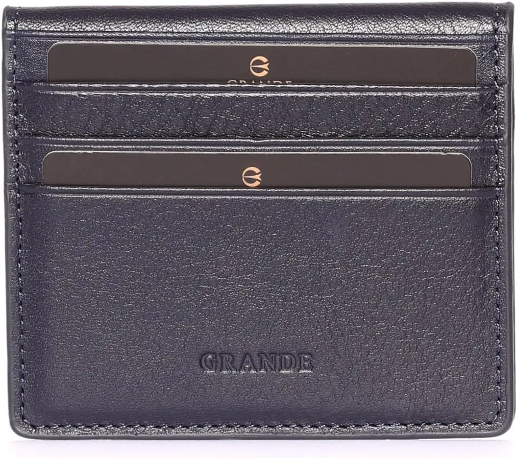 grande 762 Genuine Leather Card Holder For Men Slim Minimalist Card Case Small Magnetic Wallet - Dark Blue
