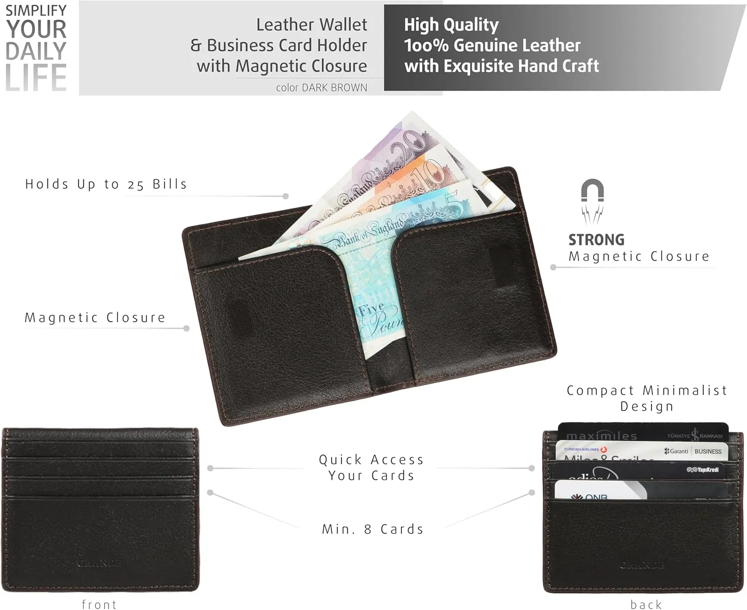 grande 762 Genuine Leather Card Holder For Men Slim Minimalist Card Case Small Magnetic Wallet (Dark Brown)