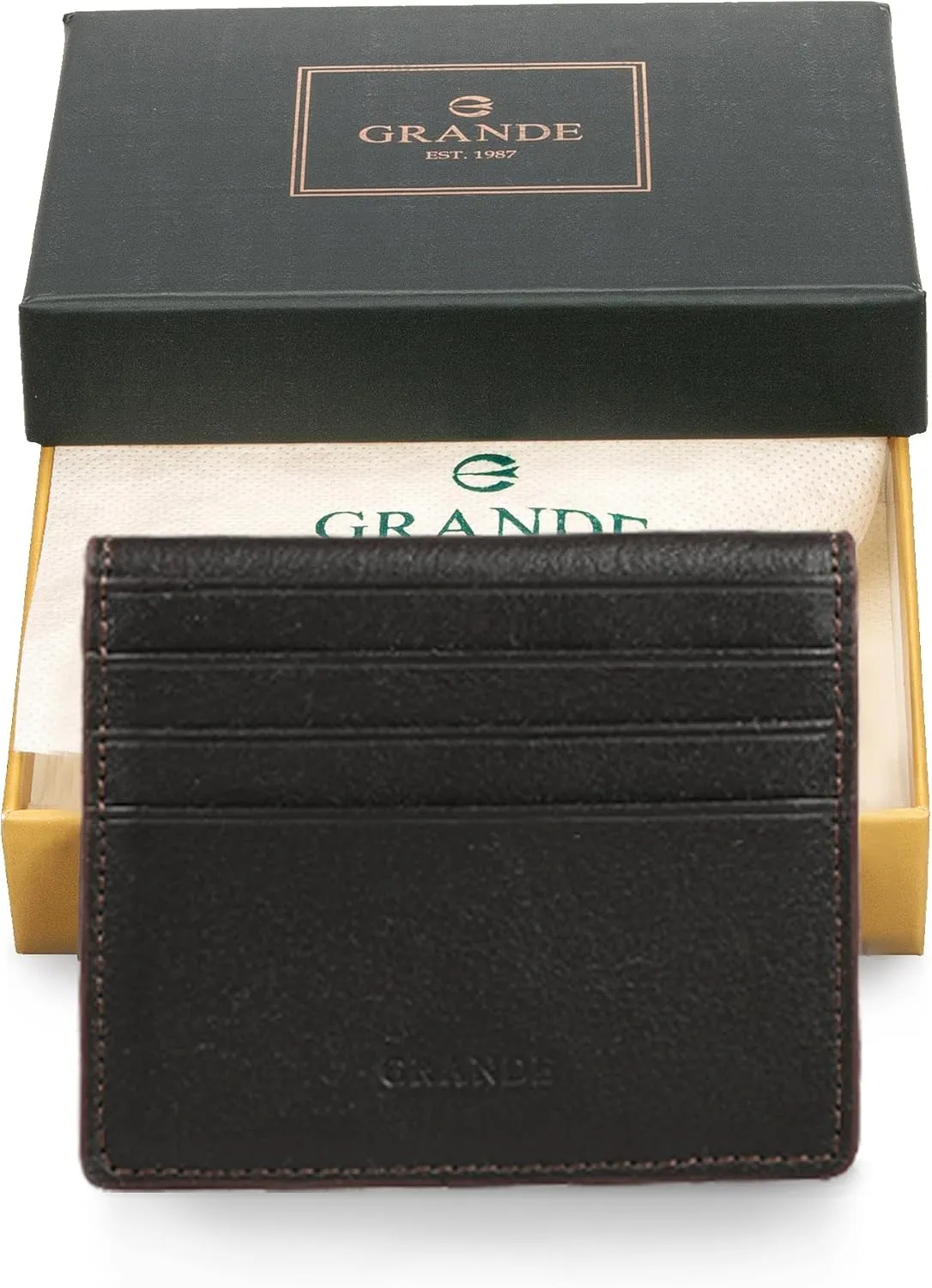 grande 762 Genuine Leather Card Holder For Men Slim Minimalist Card Case Small Magnetic Wallet (Dark Brown)