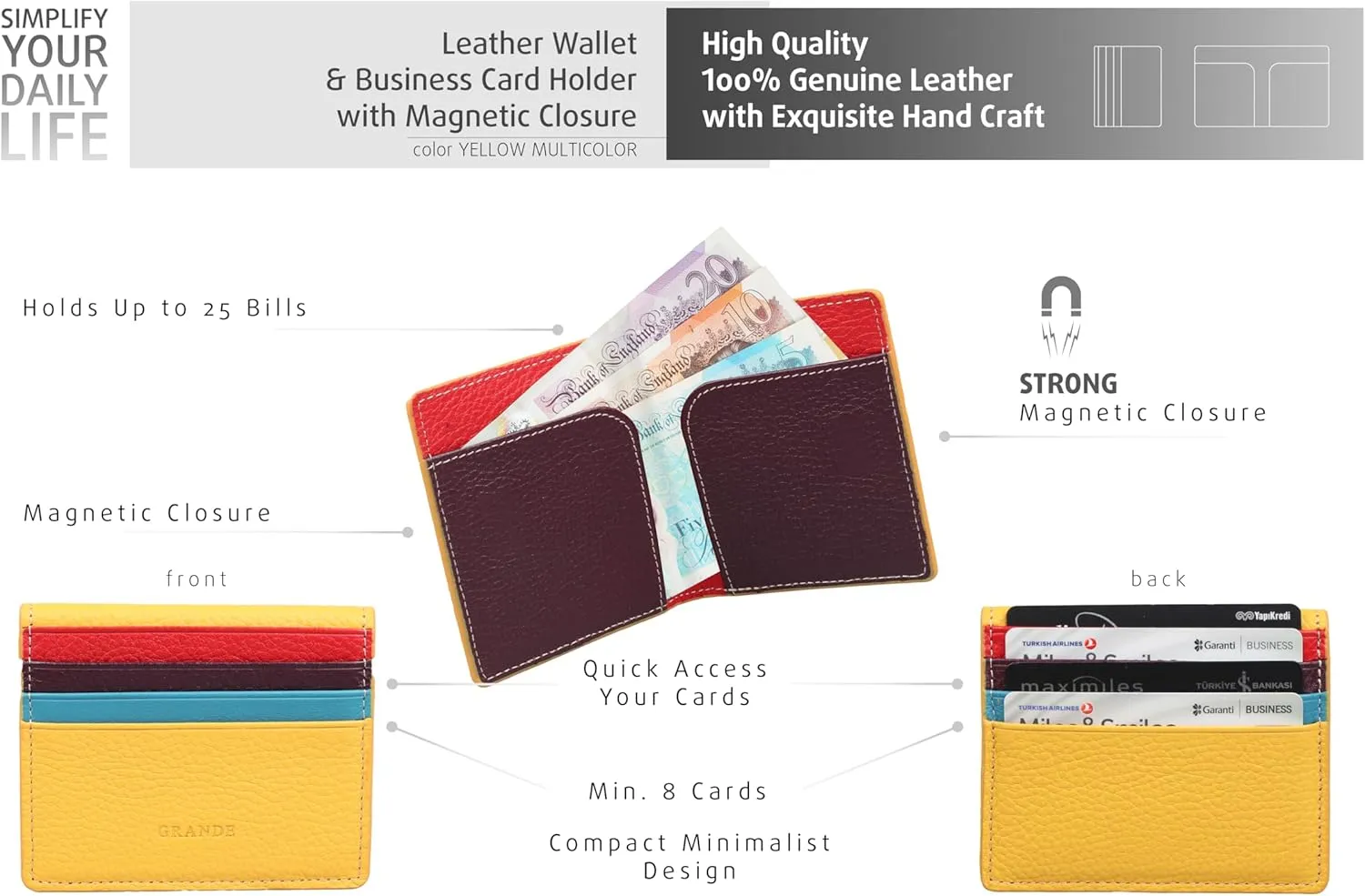 grande 762 Genuine Leather Card Holder For Men Slim Minimalist Card Case Small Magnetic Wallet - Yellow Multicolor