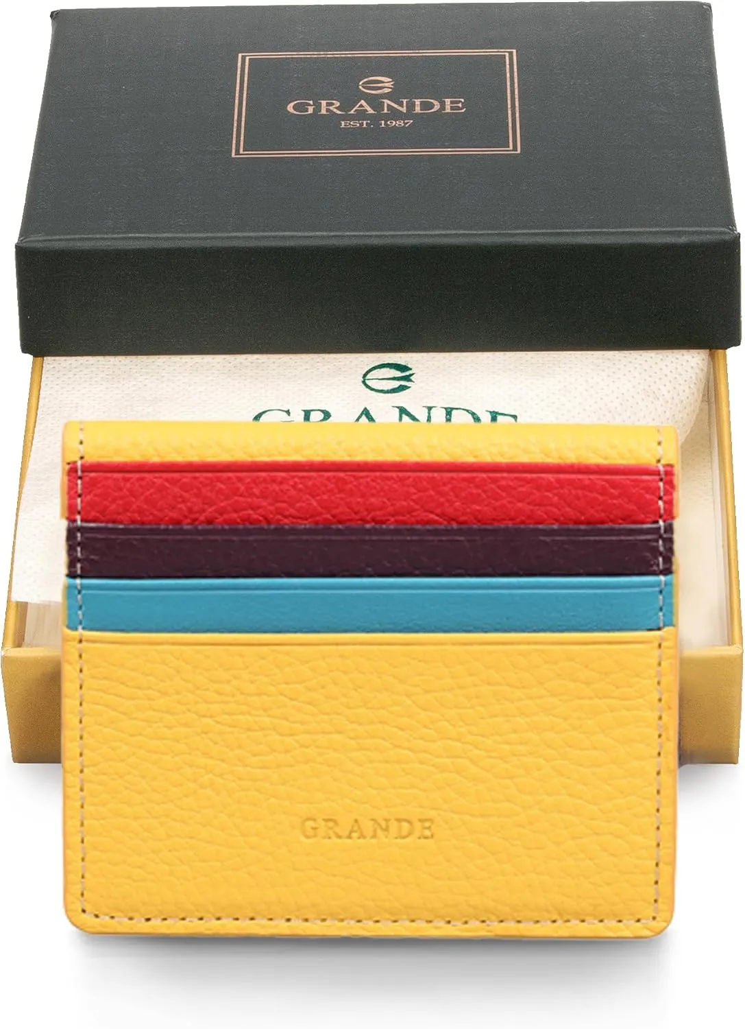 grande 762 Genuine Leather Card Holder For Men Slim Minimalist Card Case Small Magnetic Wallet - Yellow Multicolor