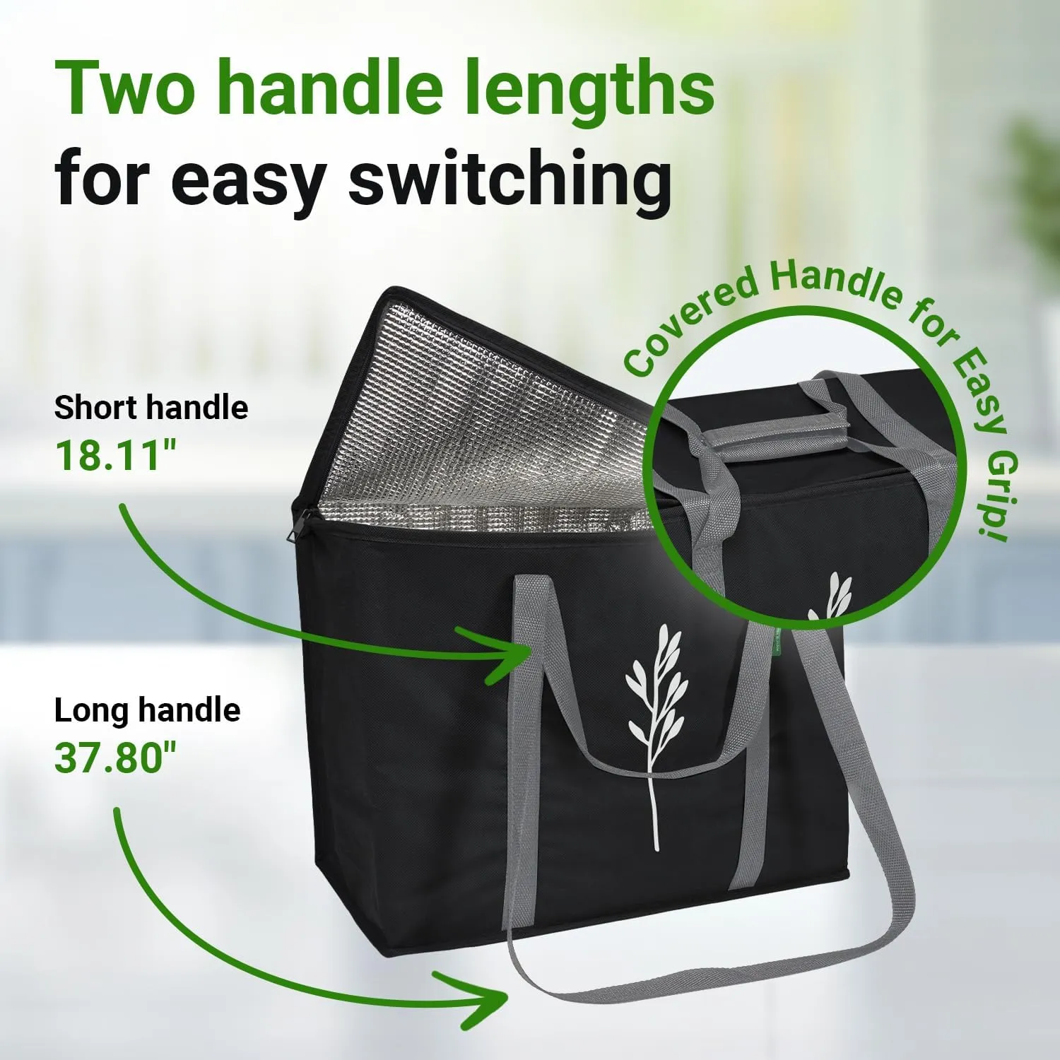 Green Bulldog 2Pack Insulated Grocery Bags – Foldable Reusable Cooler Bags with Handles for Everyday Use, Groceries, Food Delivery, and Shopping – 16”x9”x13”, Black