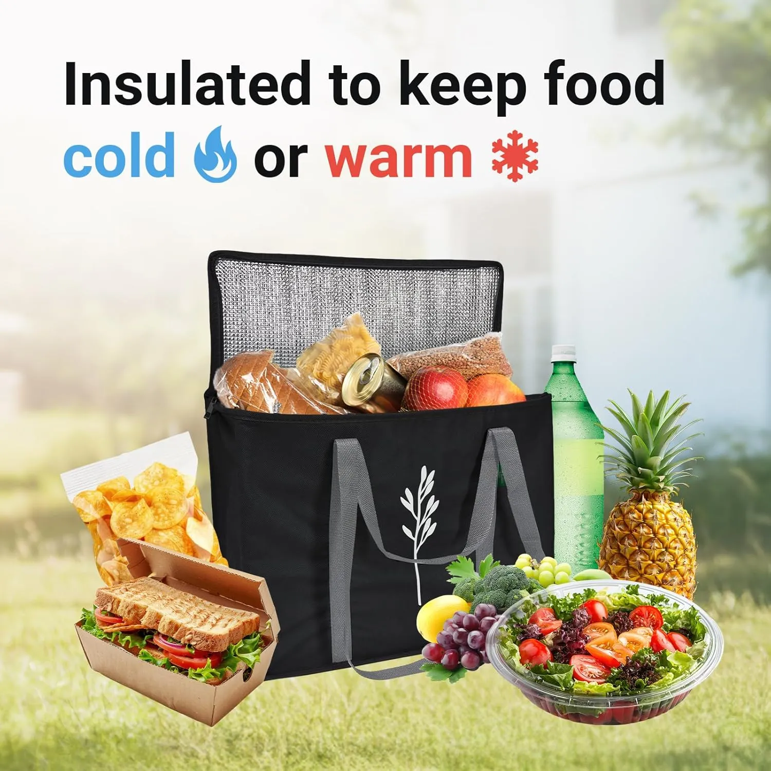 Green Bulldog 2Pack Insulated Grocery Bags – Foldable Reusable Cooler Bags with Handles for Everyday Use, Groceries, Food Delivery, and Shopping – 16”x9”x13”, Black