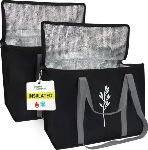 Green Bulldog 2Pack Insulated Grocery Bags – Foldable Reusable Cooler Bags with Handles for Everyday Use, Groceries, Food Delivery, and Shopping – 16”x9”x13”, Black