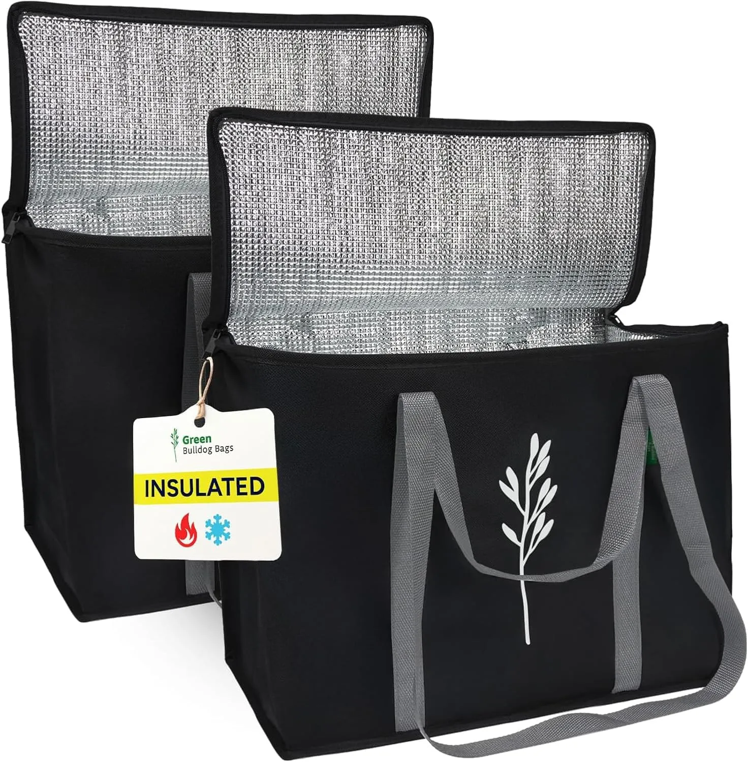 Green Bulldog 2Pack Insulated Grocery Bags – Foldable Reusable Cooler Bags with Handles for Everyday Use, Groceries, Food Delivery, and Shopping – 16”x9”x13”, Black