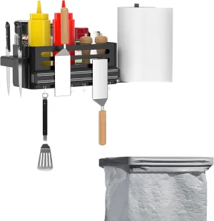 Griddle Caddy with Trash Bag Holder - Grill Magnetic Tool Holder - Grill Caddy for Outdoor - Carbon Steel - BBQ for Outdoor with Paper Towel Holder