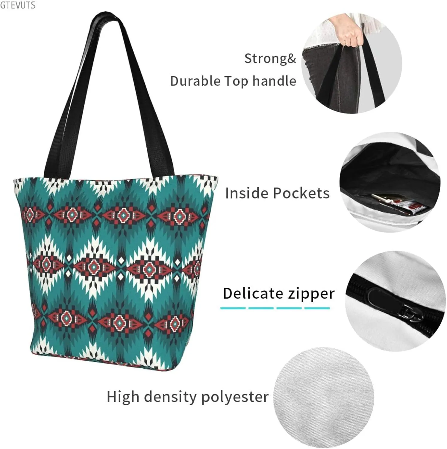 GTEVUTS Southwest Native American Grocery Tote Bag with Zipper for Women- Reusable Tote Handbags Shoulder Bag Shopping Beach